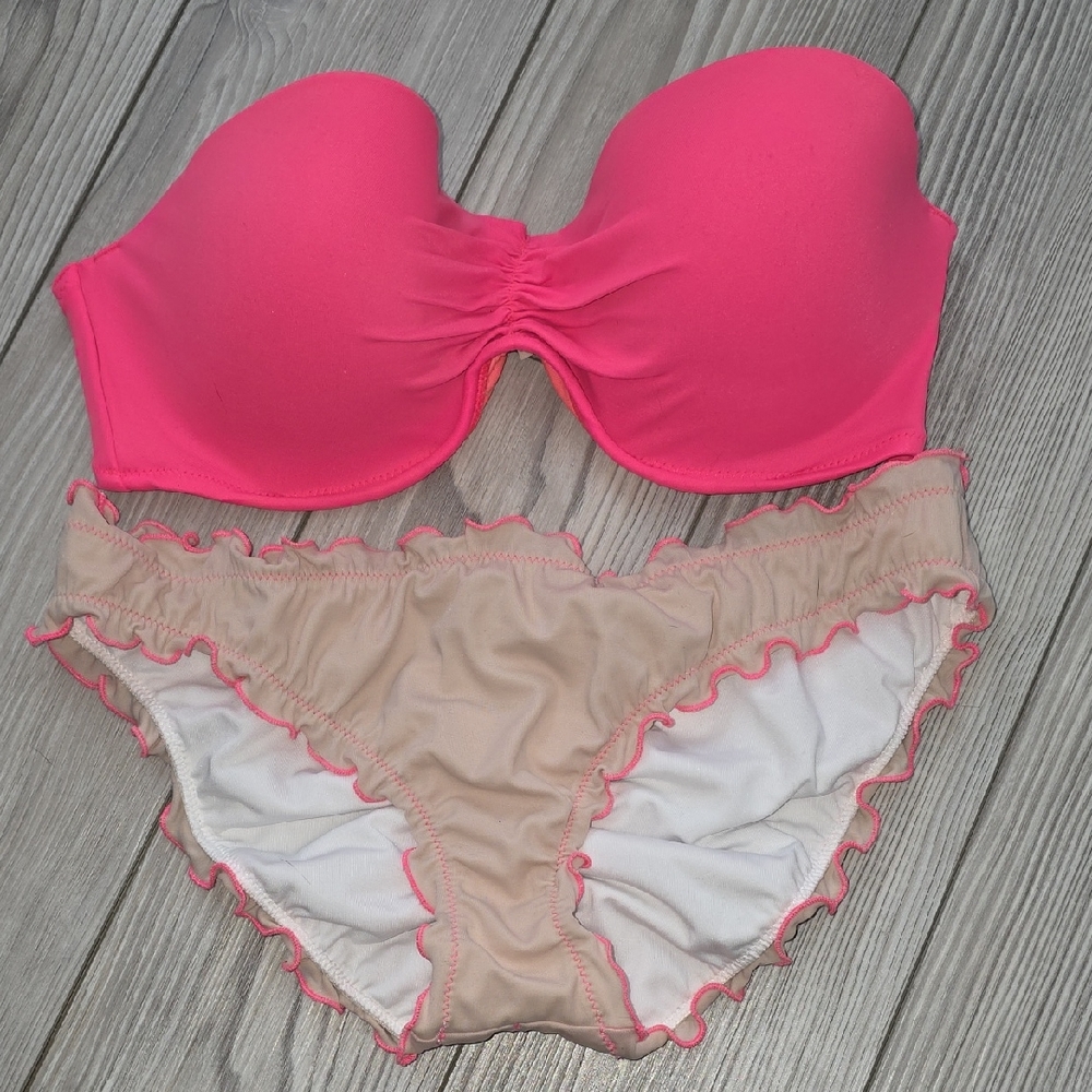 Victoria's Secret Hot Pink Strapless Bikini Top with Cheeky Ruffle Bottoms